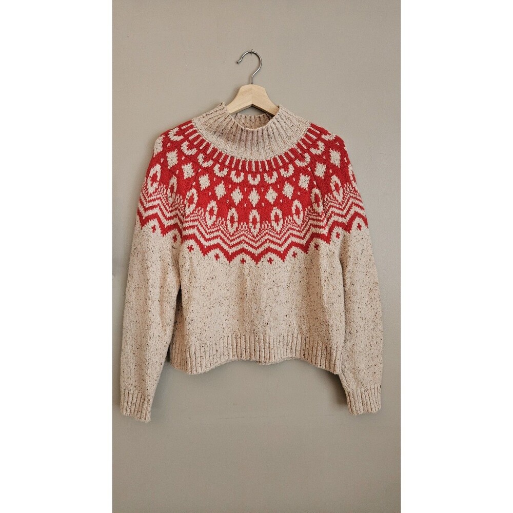 Old Navy Womens Medium Fair Isle Mock Neck Sweater Red Oatmeal Flecked Chunky Kn